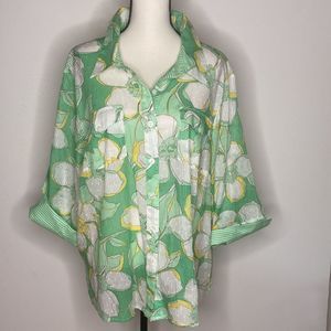 Alfred Dunner Blouse Top Floral 3/4 Sleeve Button-Down Shirt Top Blouse